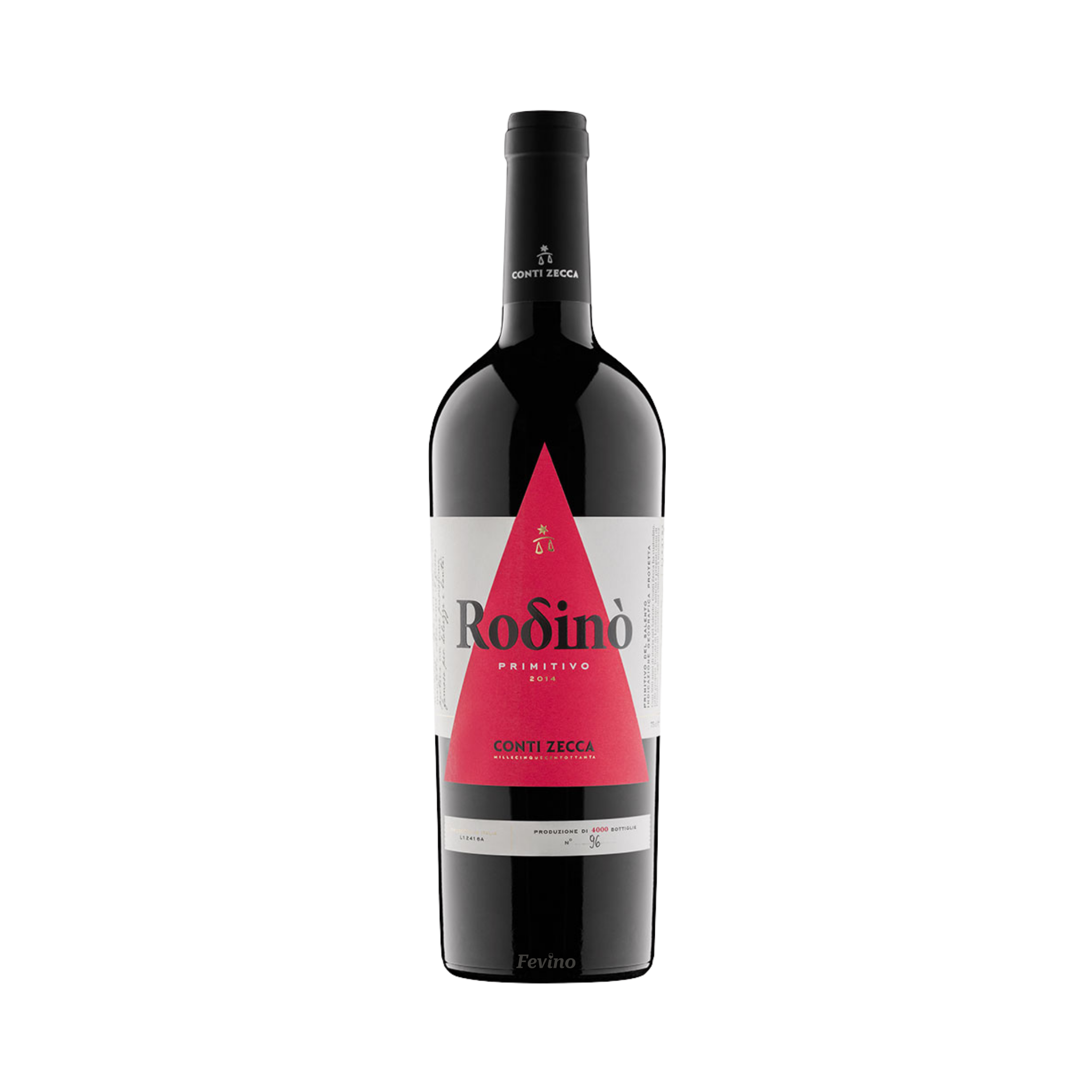 Italiaanse rode wijn van Conti Zecca, Rodino Primitivo, van het jaartal 2018, voor Fevino